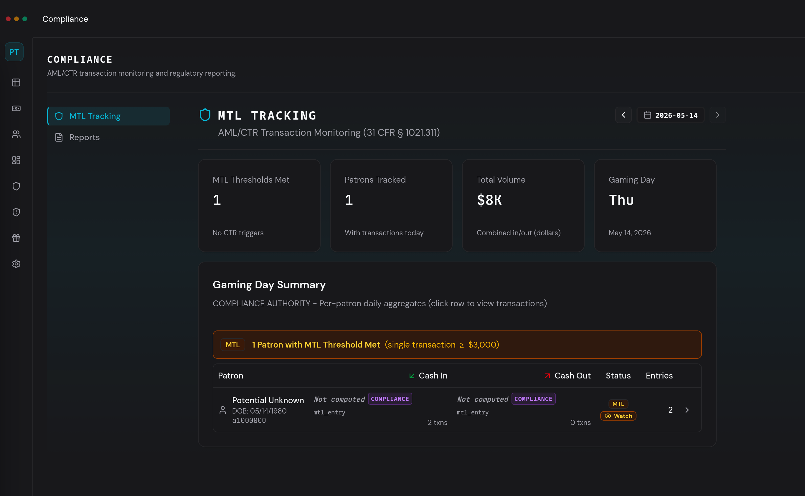 MTL Tracking — compliance dashboard showing per-patron daily cash aggregates and threshold status