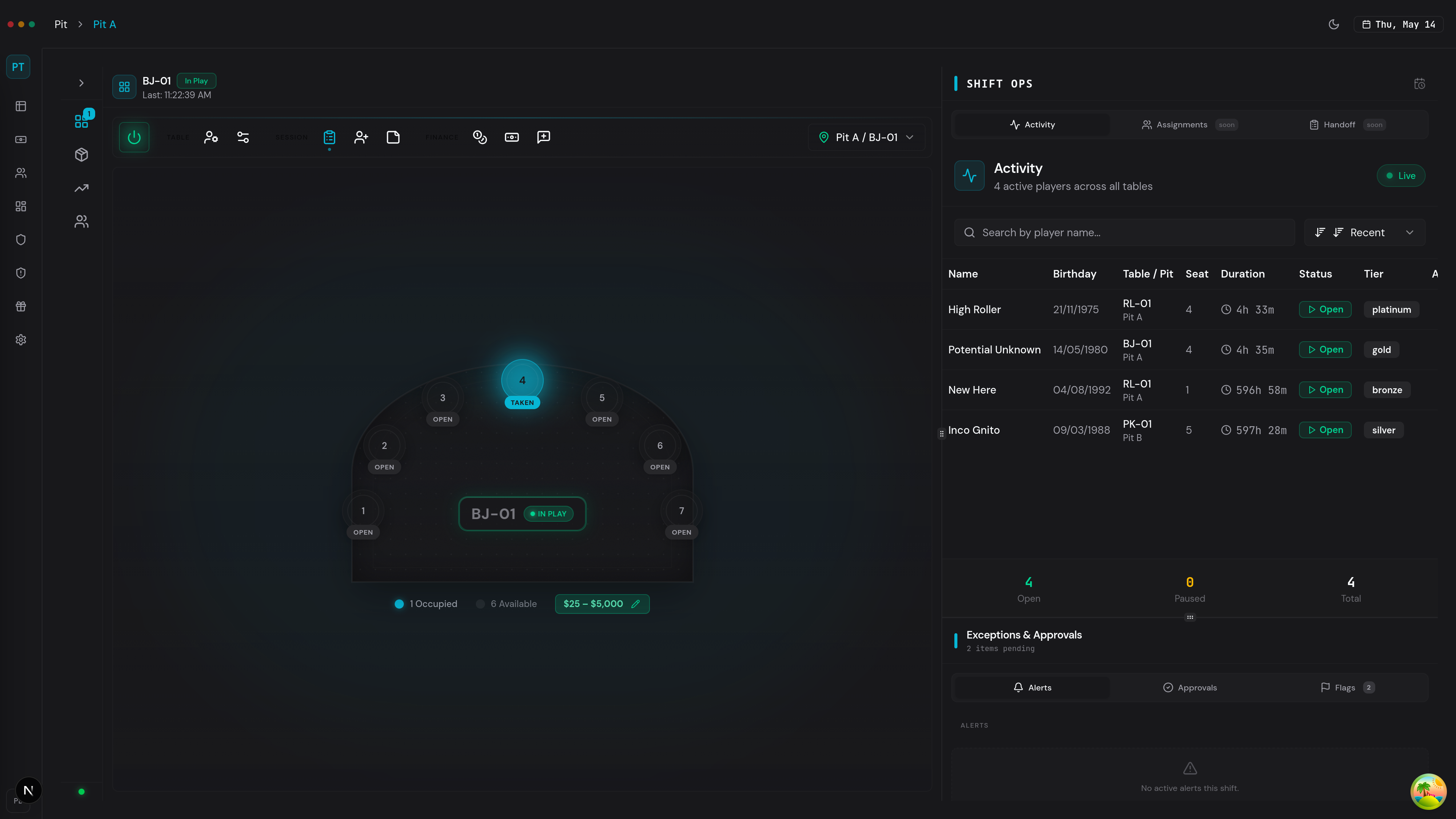 Pit Terminal — active tables, player sessions, and cash entry during the shift